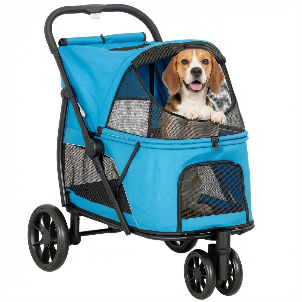 Poussette 3 roues en métal pour chien moyen tout-terrain pliable 92x63x95 cm bleu