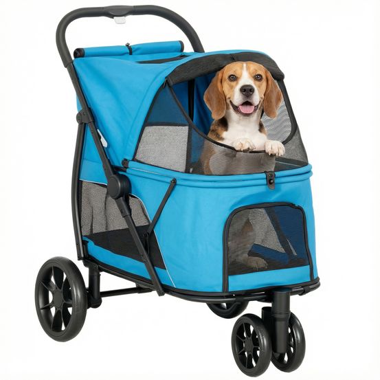 Poussette 3 roues en métal pour chien moyen tout-terrain pliable 92x63x95 cm bleu