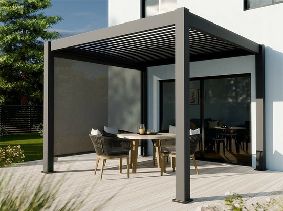 Pergola bioclimatique autoportée aurora - 3x3 m - gris anthracite - lames orientables - store inclus