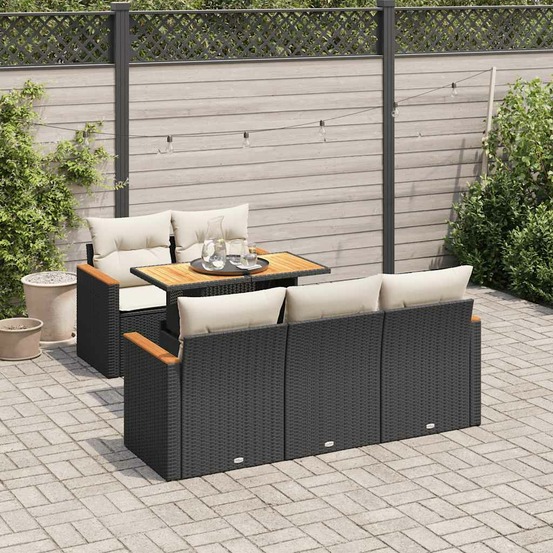 Salon de jardin 6 pcs avec coussins noir résine tressée acacia