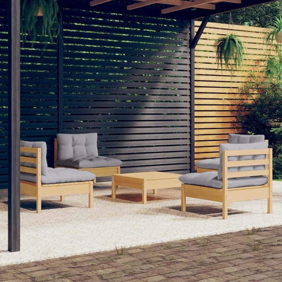 Salon de jardin 5 pcs avec coussins gris bois de pin