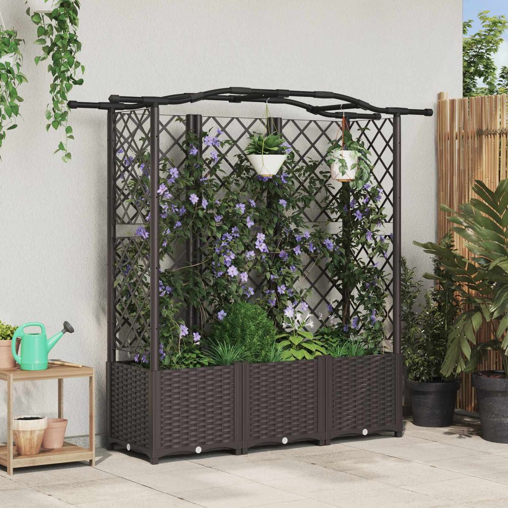 Jardinière surélevée polypropylène avec treillis toit plantes grimpantes marron 163x40x138cm