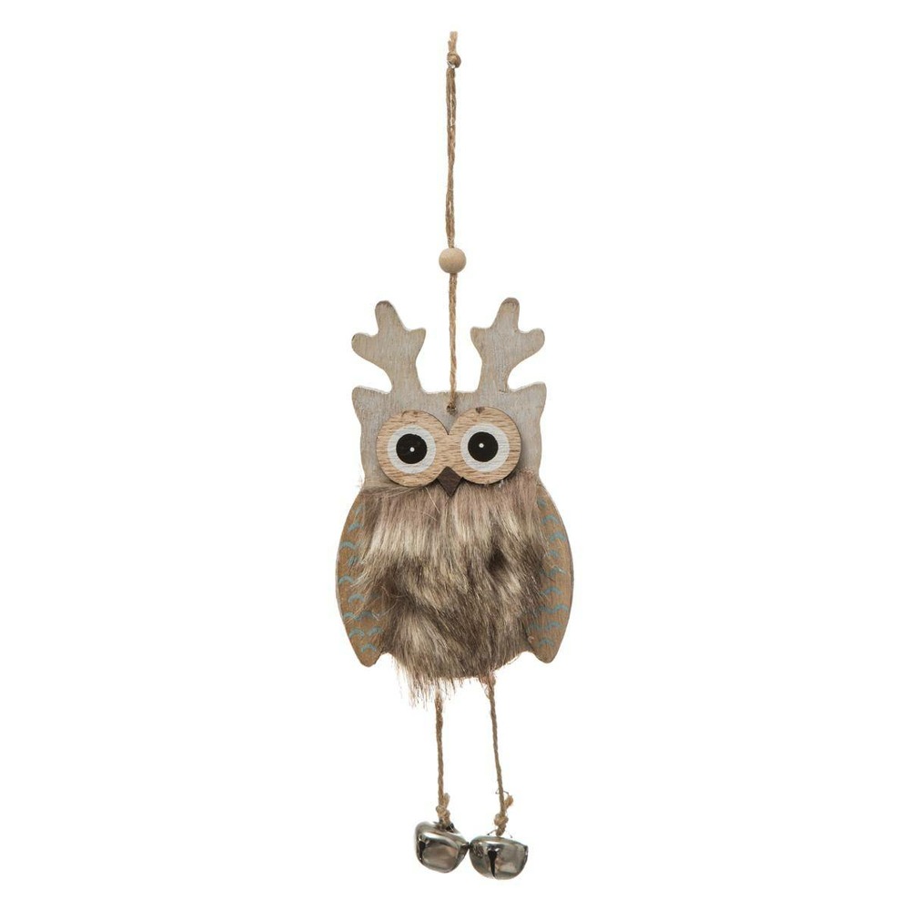 Suspension de noël bois hibou fourrure grelot