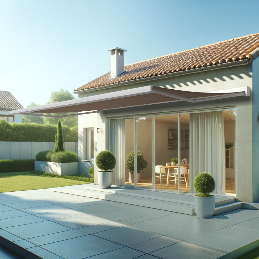 Store banne coffre intégral soa 6,00x3,50 m (motorisé secours à télécommande - blanc satiné ral9010 - taupe)