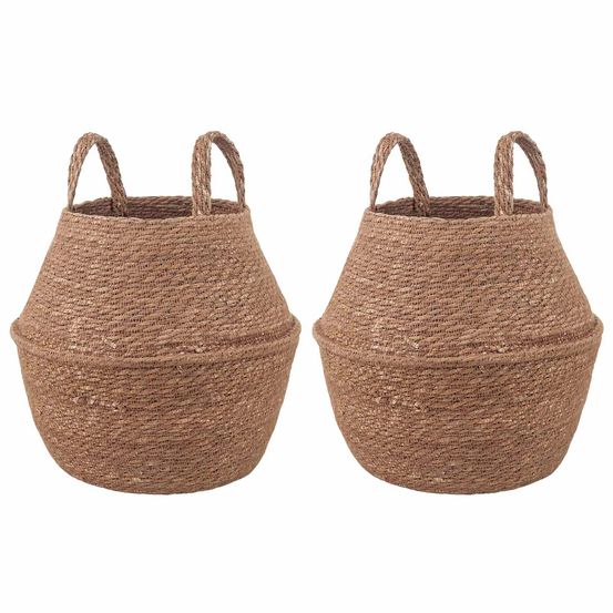 Lot 2 cache-pots poignées herbe de mer salon patio déco zen ø22cm marron