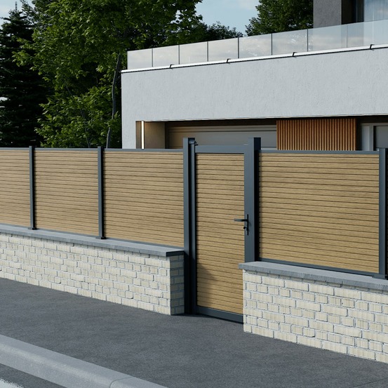 Kit portillon composite santos cèdre - hauteur : 183cm - largeur max : 98 cm - largeur ajustable - compatible clôture santos