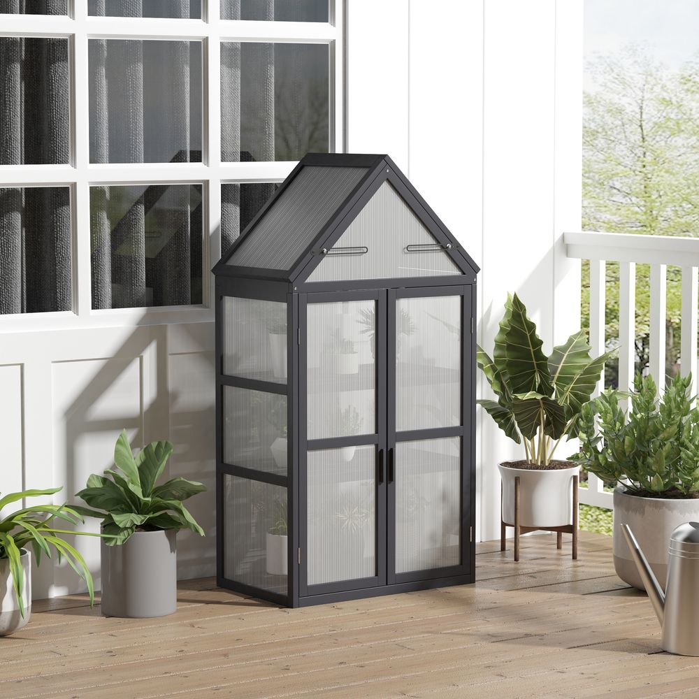 Mini serre de jardin bois et polycarbonate gris 70,5 x 42 x 132 cm balcon 3 étagères - comfortxl outdoor living