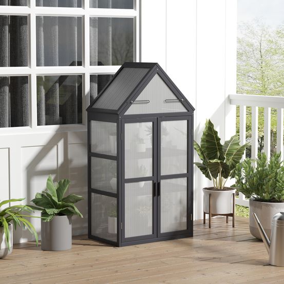 Mini serre de jardin bois et polycarbonate gris 70,5 x 42 x 132 cm balcon 3 étagères - comfortxl outdoor living