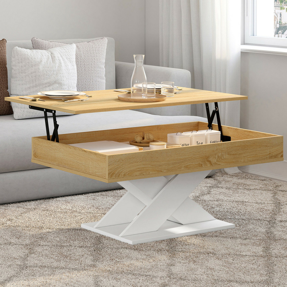 Table basse rectangulaire plateau relevable alicia bois et pied blanc
