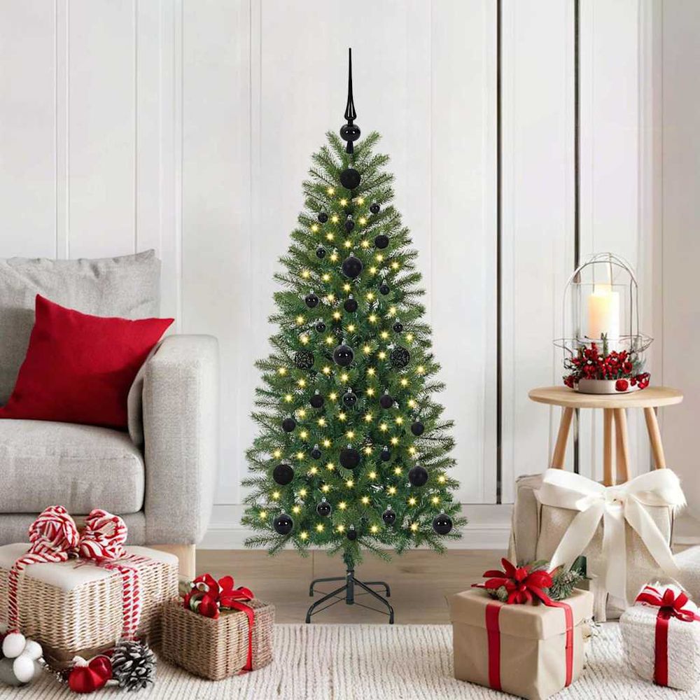 Arbre de noël artificiel touffu 120cm, kit prêt à l'emploi avec lumières et boules