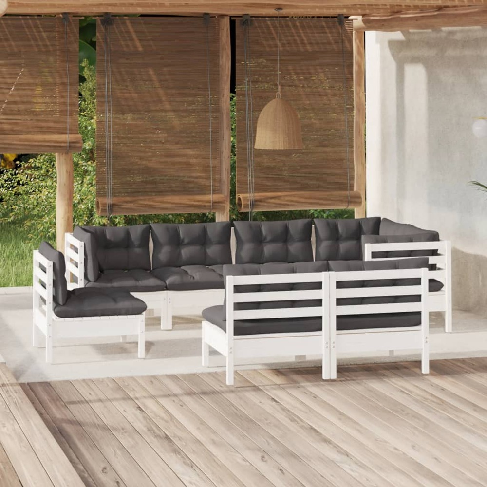 Salon de jardin 8 pcs avec coussins blanc bois de pin massif