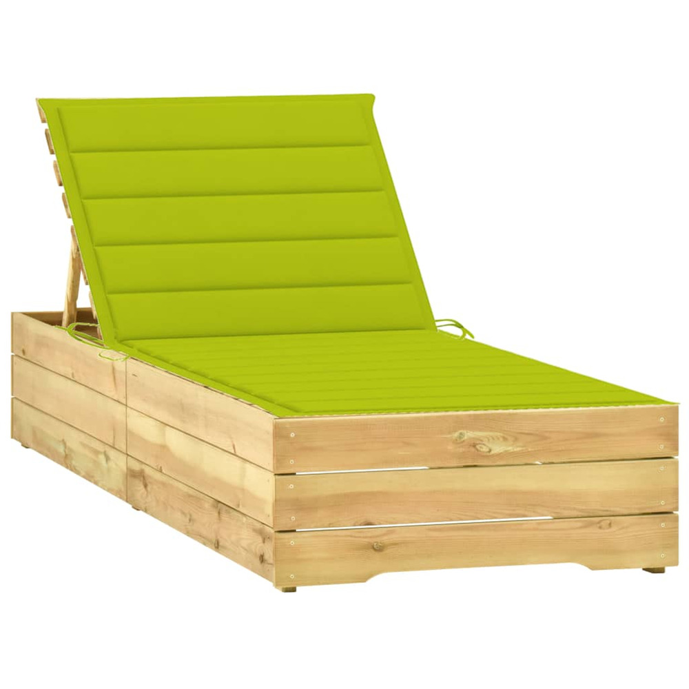 Chaise longue avec coussin vert vif bois de pin imprégné bain de soleil