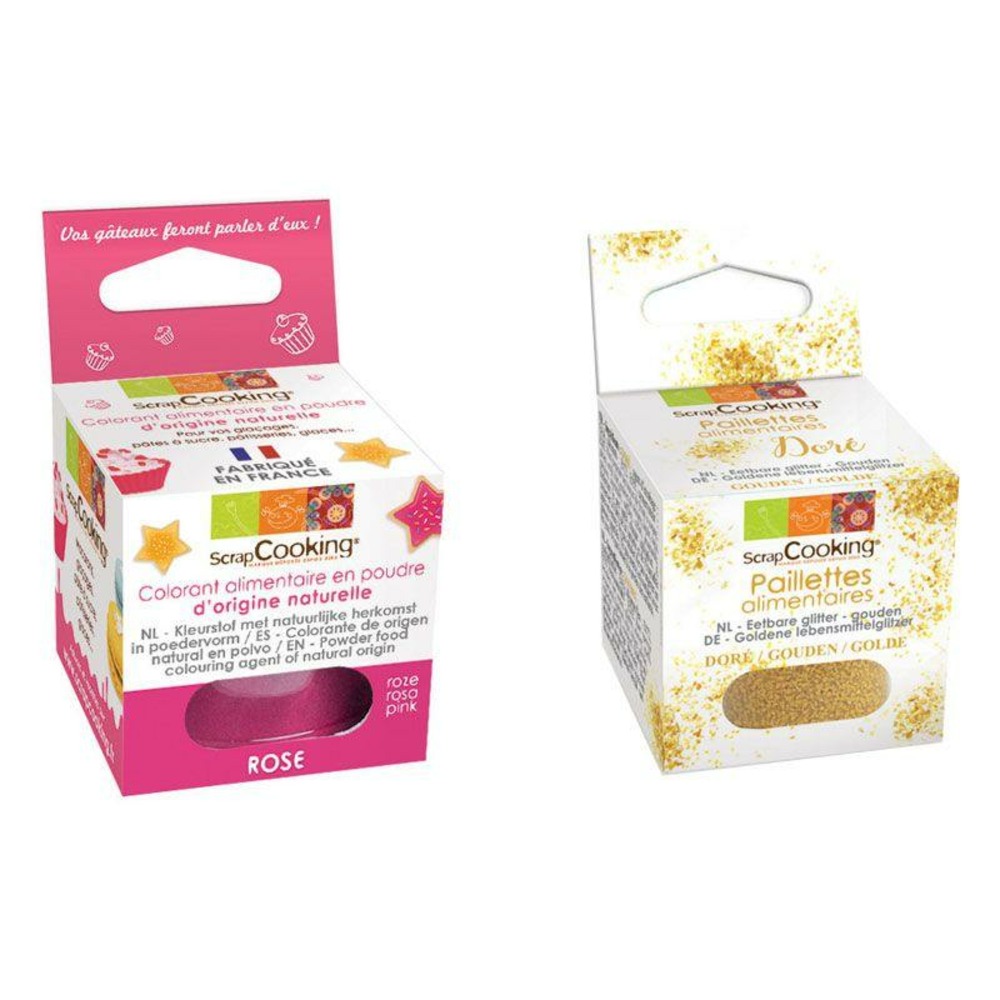 Colorant alimentaire rose foncé + paillettes dorées