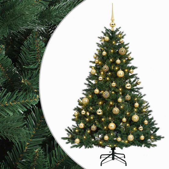 Sapin de noël artificiel avec boules 150 cm 150 led blanc chaud