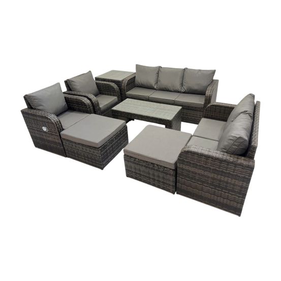 9 places salon de jardin exterieur ensemble de canapés en rotin avec table basse rectangulaire table d'appoint 2 grand tabourets