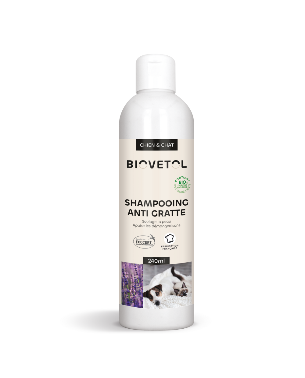 Shampoing anti-démangeaisons chien chat-bio certifié ecocert-tous pelages -240ml