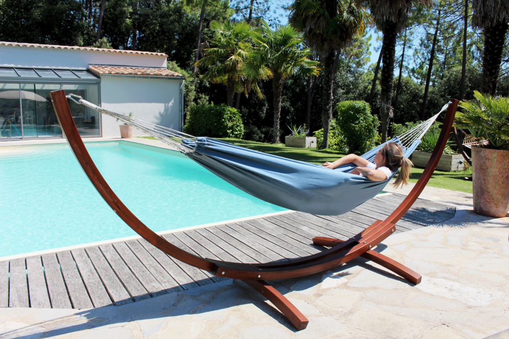 Toile hamac bleu jean 100% coton avec poche de rangement