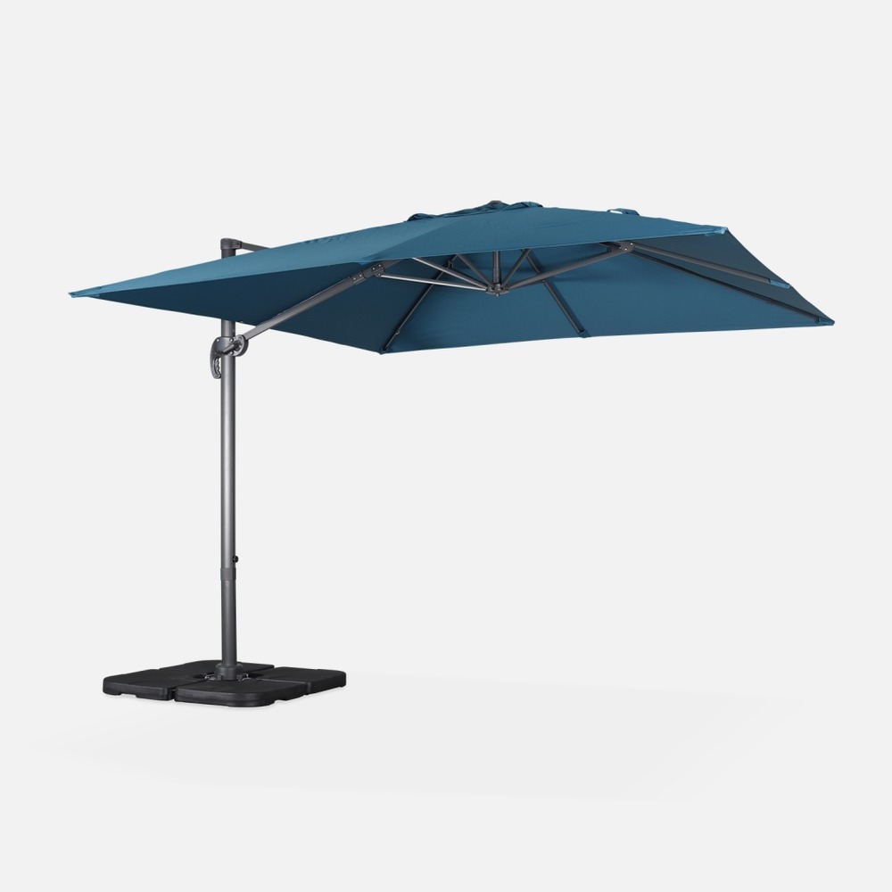 Parasol déporté carré 3x3m haut de gamme excentré inclinable rotatif à 360° + lot de 4 dalles à lester 50x50cm