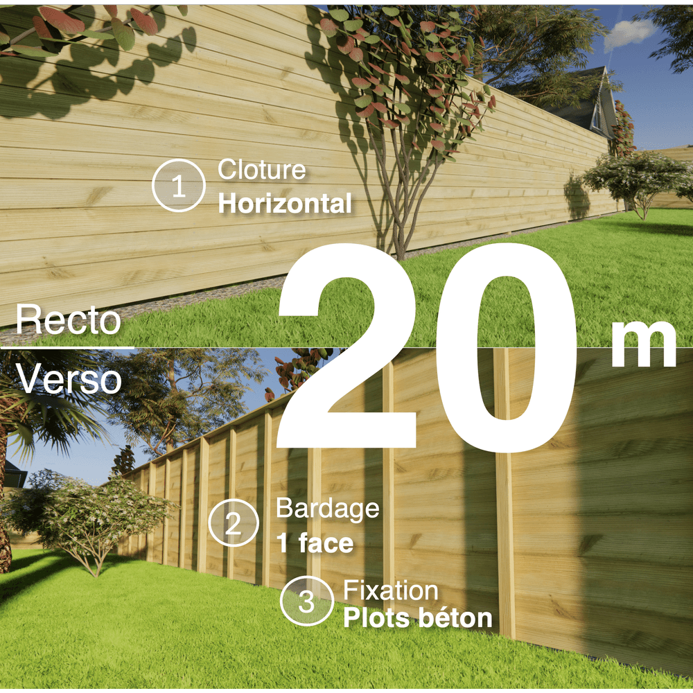 Kit clôture bois moderne 20m – h 1,9m – 21 x 130 mm autoclave vert – pose horizontal – simple face – à sceller