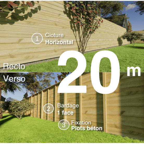 Kit clôture bois moderne 20m – h 1,9m – 21 x 130 mm autoclave vert – pose horizontal – simple face – à sceller
