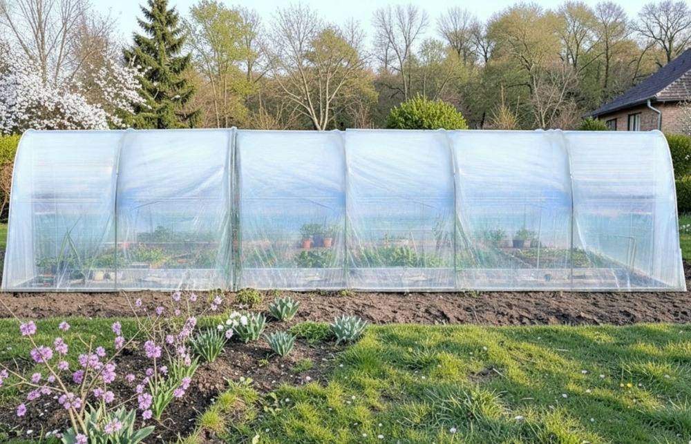 Serre tunnel de jardin - 27m² - 3 x 9m - pieds arrondis - polyéthylène haute densité - 2 portes - les serres tonneau