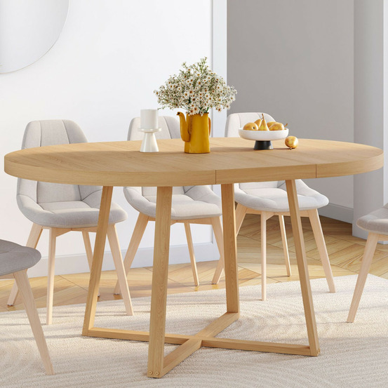 Table à manger extensible ronde selma 4-8 personnes bois effet hêtre 110-150 cm