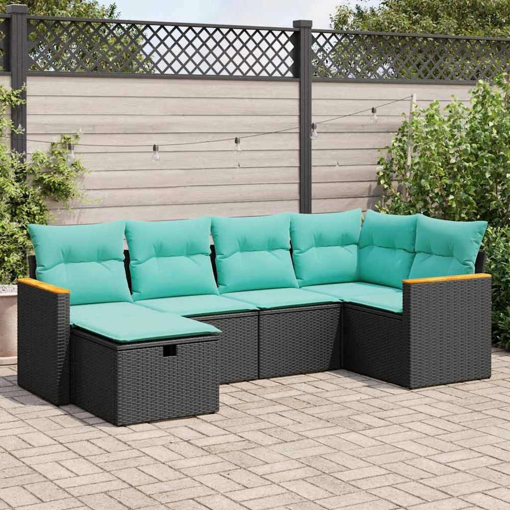 Salon de jardin 6 pcs avec coussins noir résine tressée