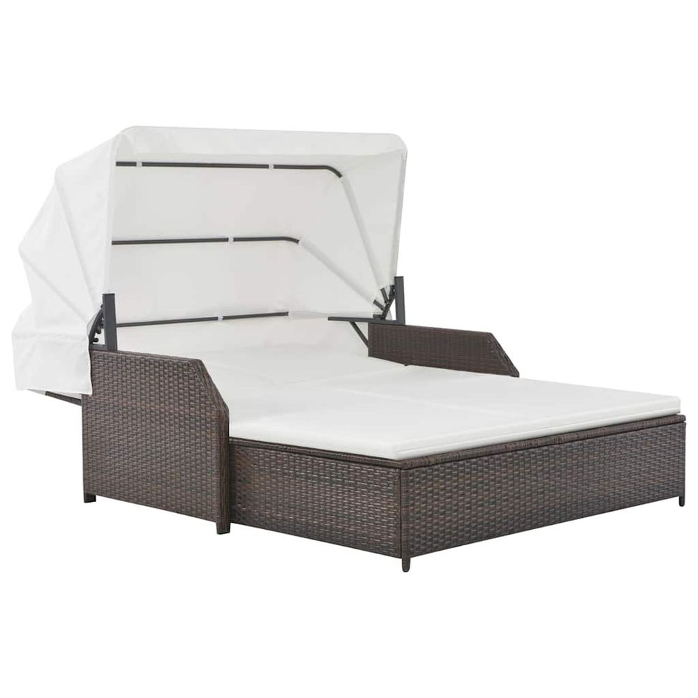 Chaise longue à 2 places avec auvent résine tressée marron