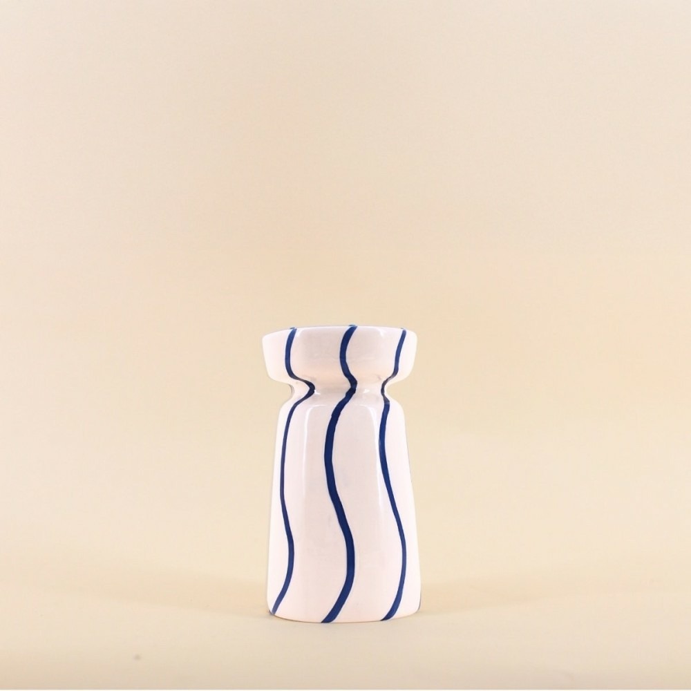 Bougeoir en céramique rayé bleu / blanc 18cm