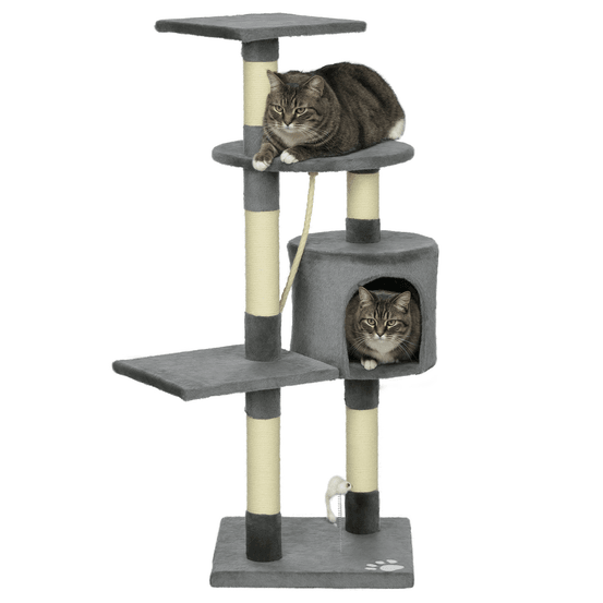 Arbre à chat hauteur 116 cm compact avec niche griffoirs sisal et jouets pour chat d'appartement gris foncé