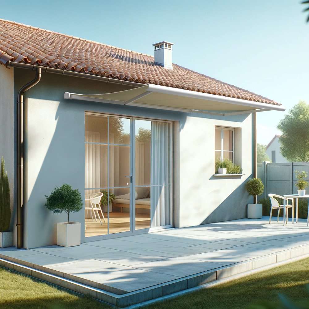 Store banne coffre intégral hevoa 4,00x3,00 m (motorisé secours à télécommande - blanc satiné ral9010 - écru)