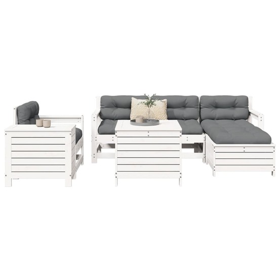 Salon de jardin 7 pcs blanc bois de pin massif