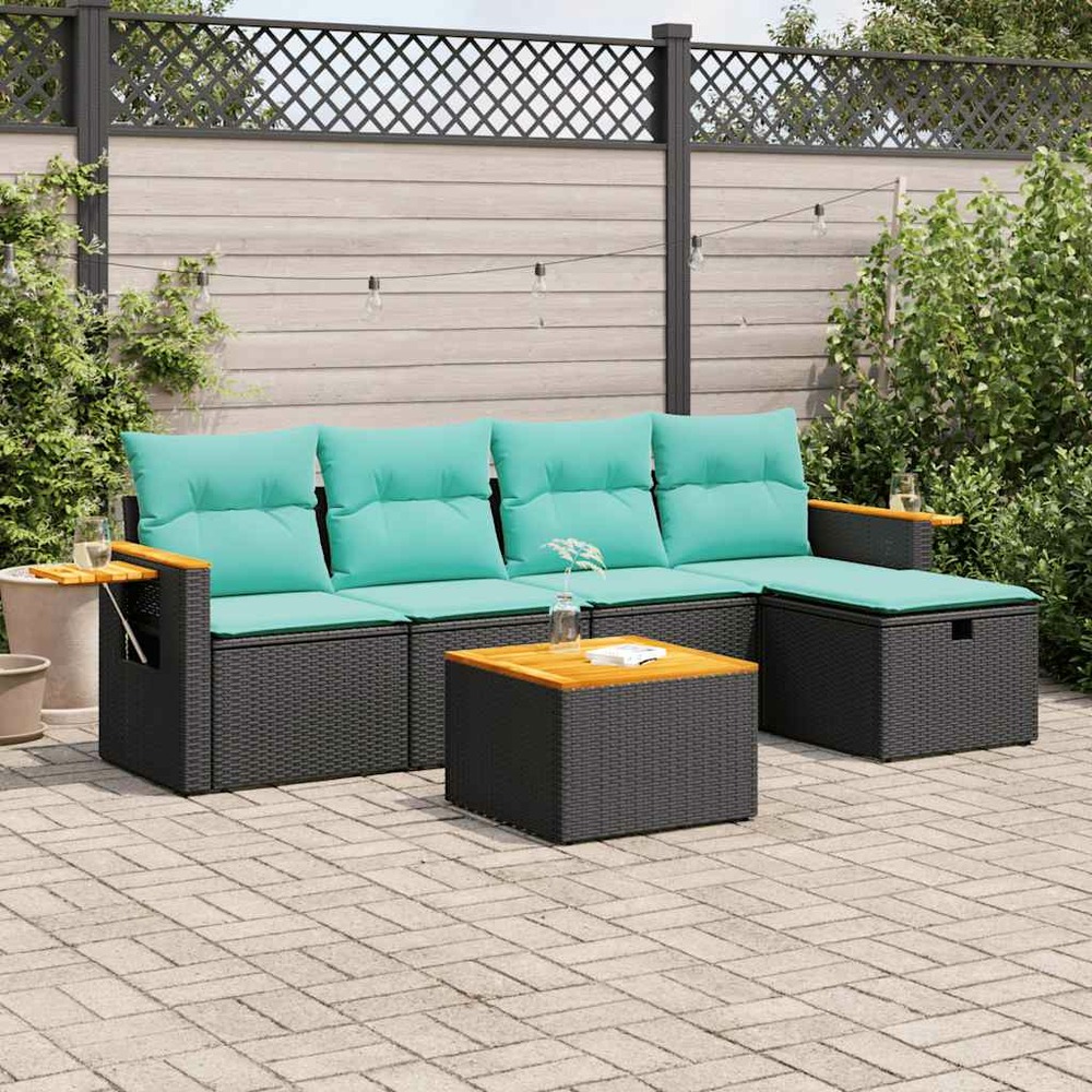 Salon de jardin 6 pcs avec coussins noir résine tressée