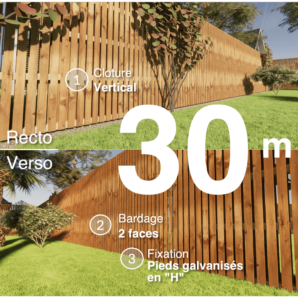 Kit clôture bois moderne 30m – h 2,3m – 20 x 70 mm autoclave marron – pose vertical – double face – support galva