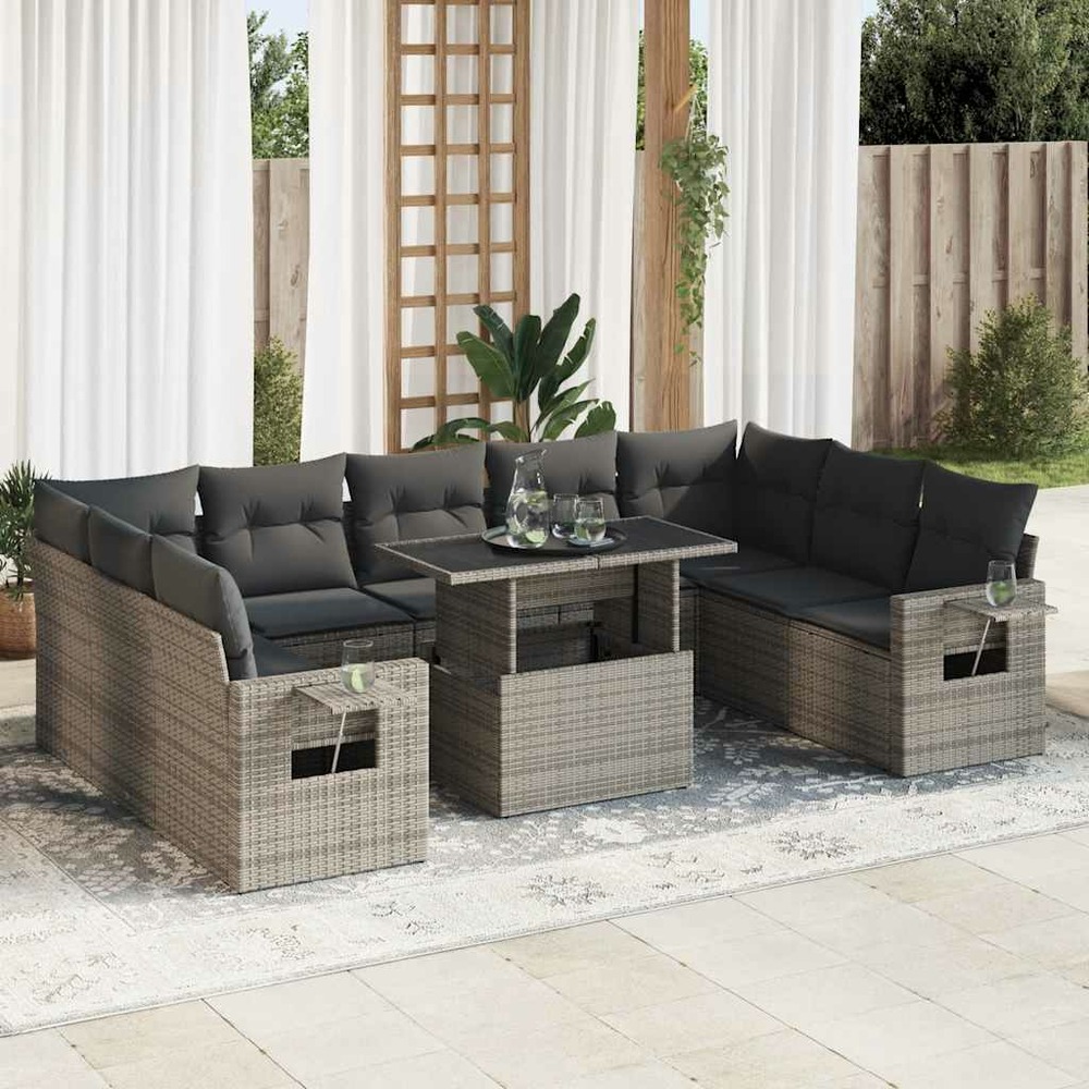 Salon de jardin avec coussins 10 pcs gris résine tressée