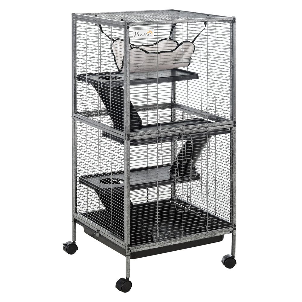 Cage métal 3 niveaux pour cobayes chinchillas avec roues 52x52x114cm gris