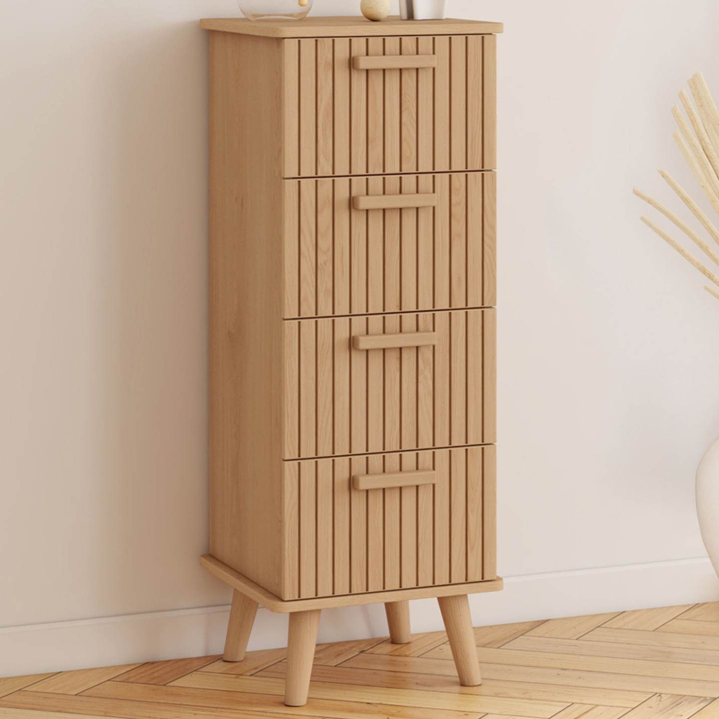 Meuble d'appoint 4 tiroirs juliette 30 cm chiffonnier effet lattes tasseau bois coloris chêne