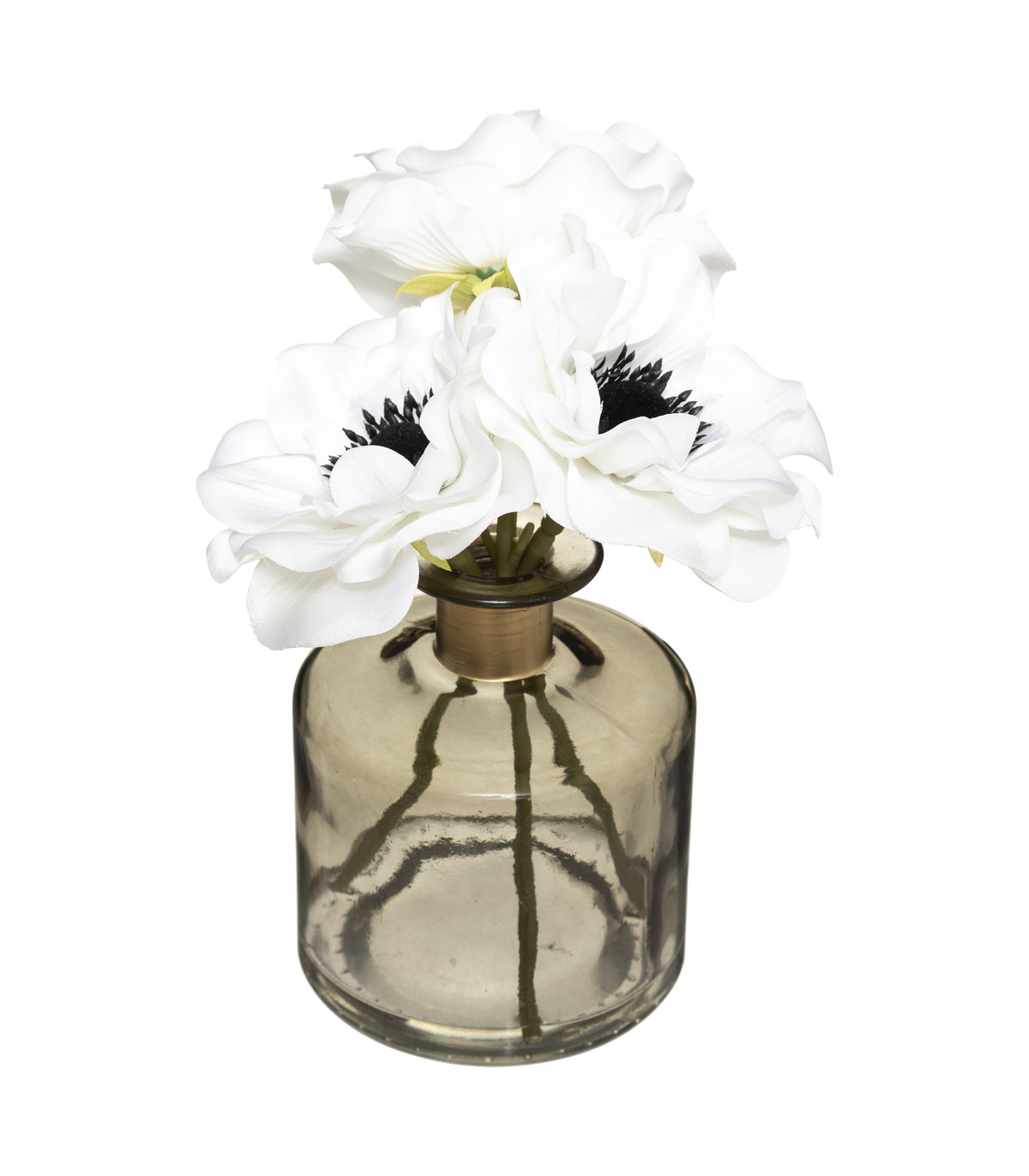 Bouquet d'anémones artificielles vase en verre coloré d. 9,5 x h. 20 cm