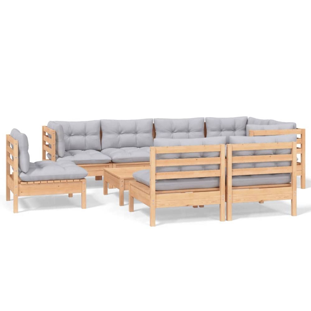 Salon de jardin 9 pcs avec coussins gris bois de pin massif