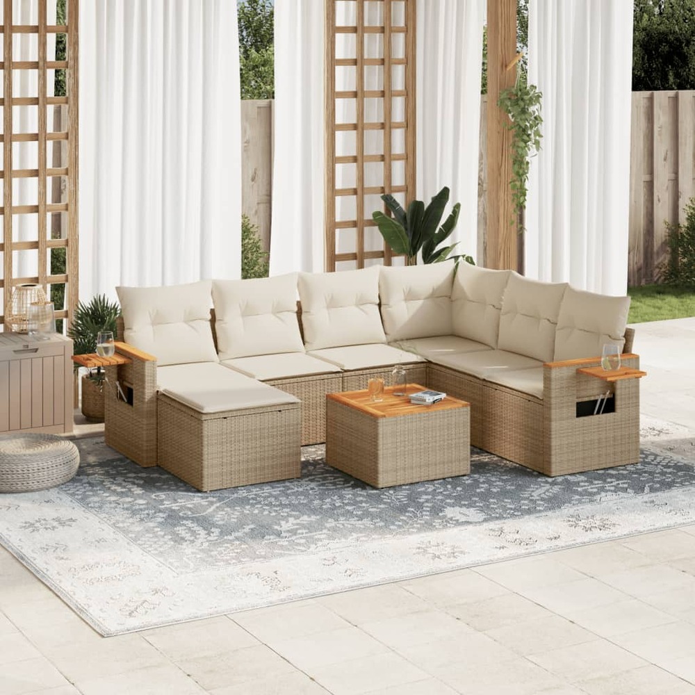 Salon de jardin avec coussins 8 pcs beige résine tressée