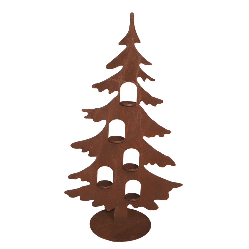 Sapin de noël décoratif bougeoir 5 bougies métal rouillé marron 80cm