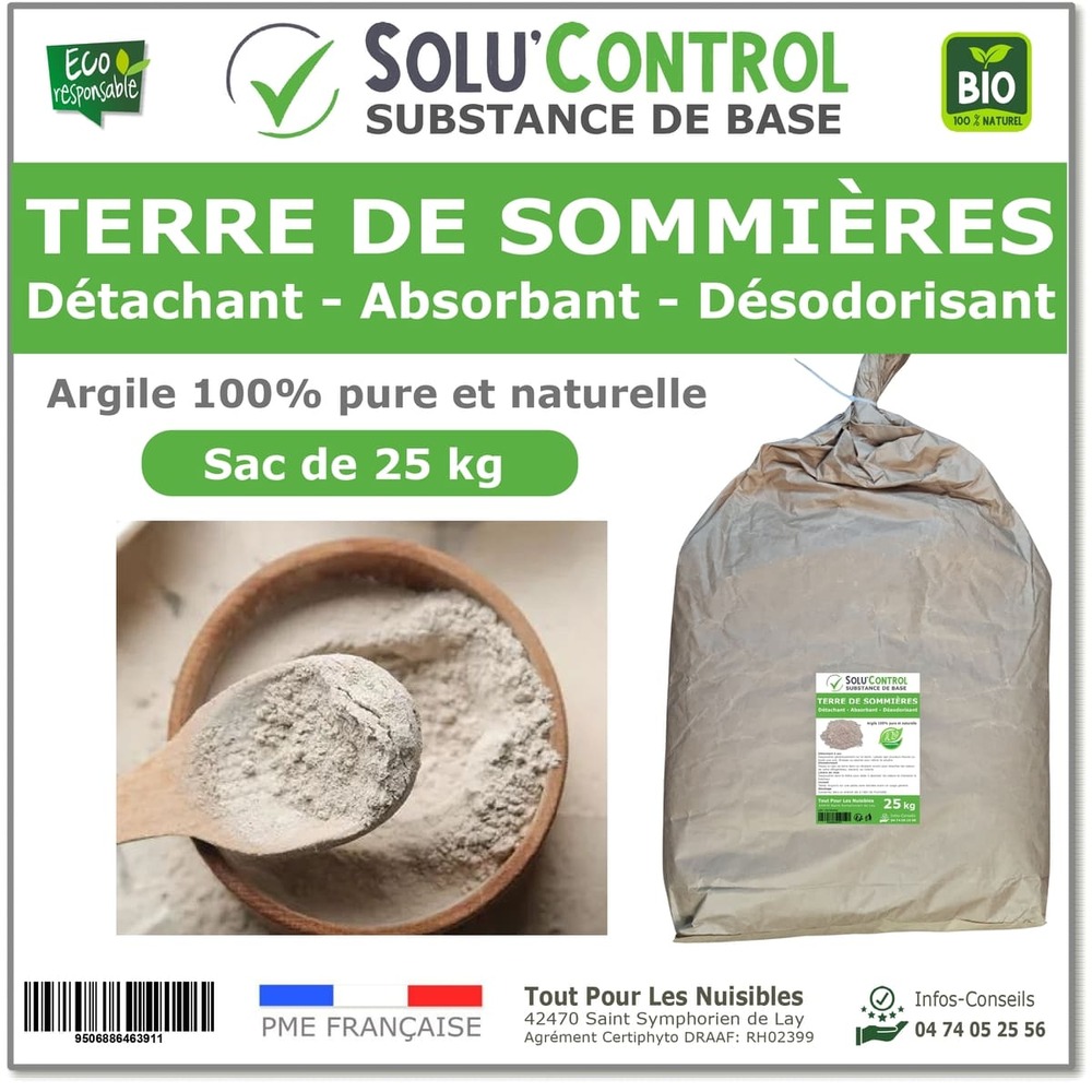 Terre de Sommières 25 kg - Détachant Naturel et Absorbant - Élimine les Odeurs d'Urine, Litière de Chat, Tapis, Cendriers