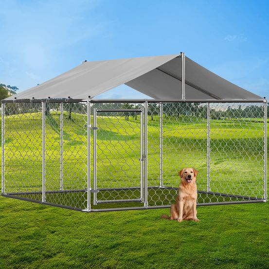 Enclos chenil extérieur acier galvanisé toit bâche 230x230cm argent