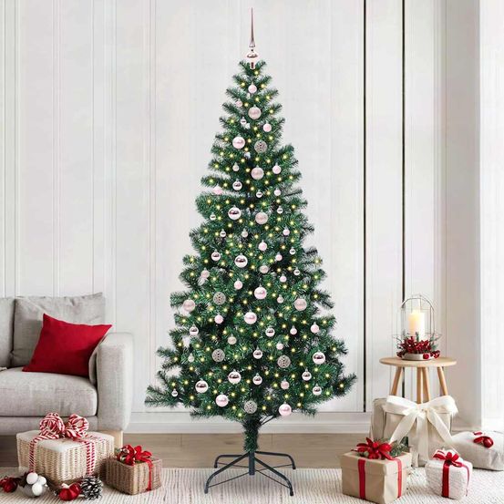 Décoration de noël : grand sapin artificiel 240 cm avec 300 led et boules rouges