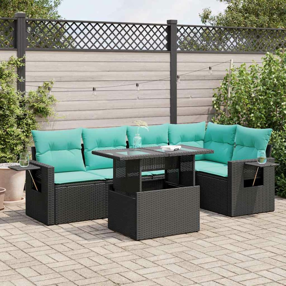 Salon de jardin 6 pcs avec coussins noir résine tressée acacia