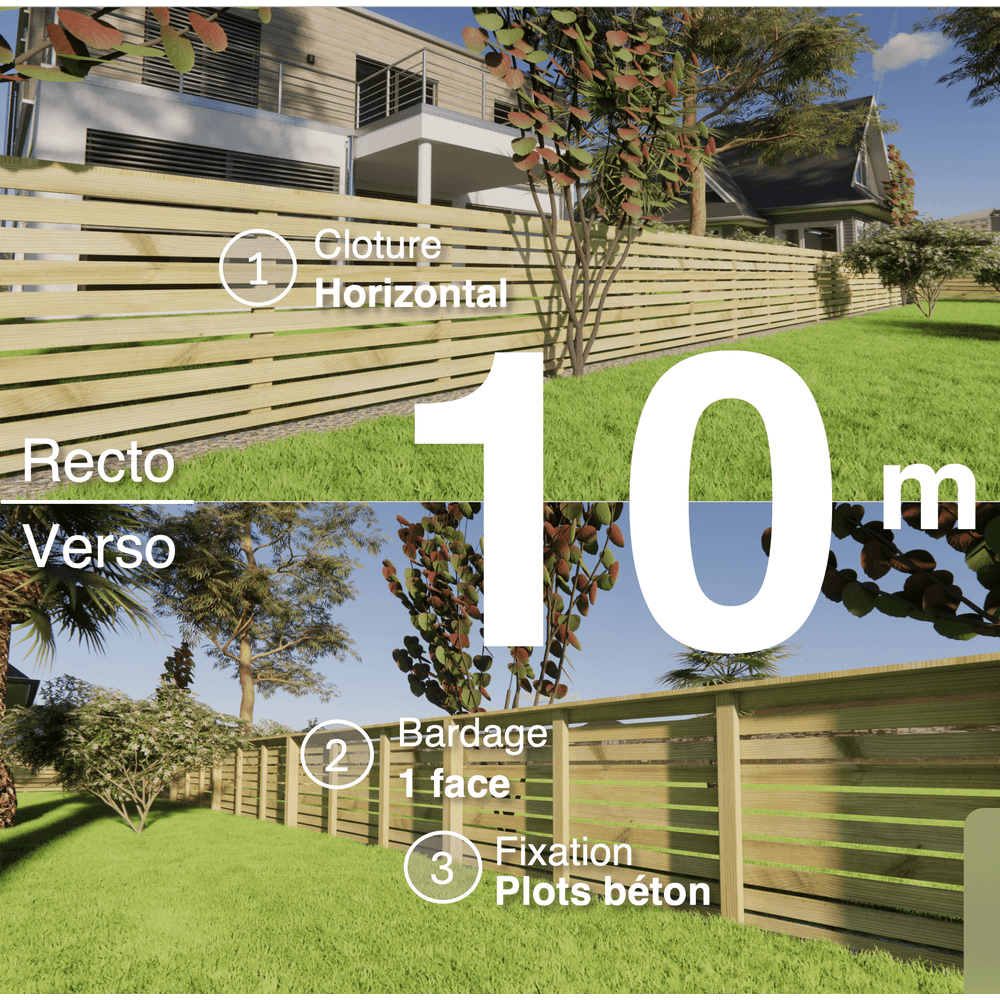 Kit clôture bois moderne 10m – h 0,9m – 20 x 60 mm autoclave vert – pose horizontal – simple face – à sceller