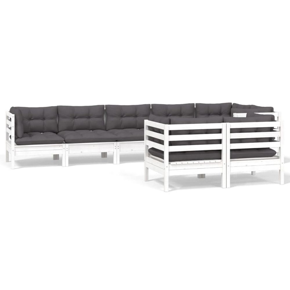 Salon de jardin 8 pcs avec coussins blanc bois de pin massif