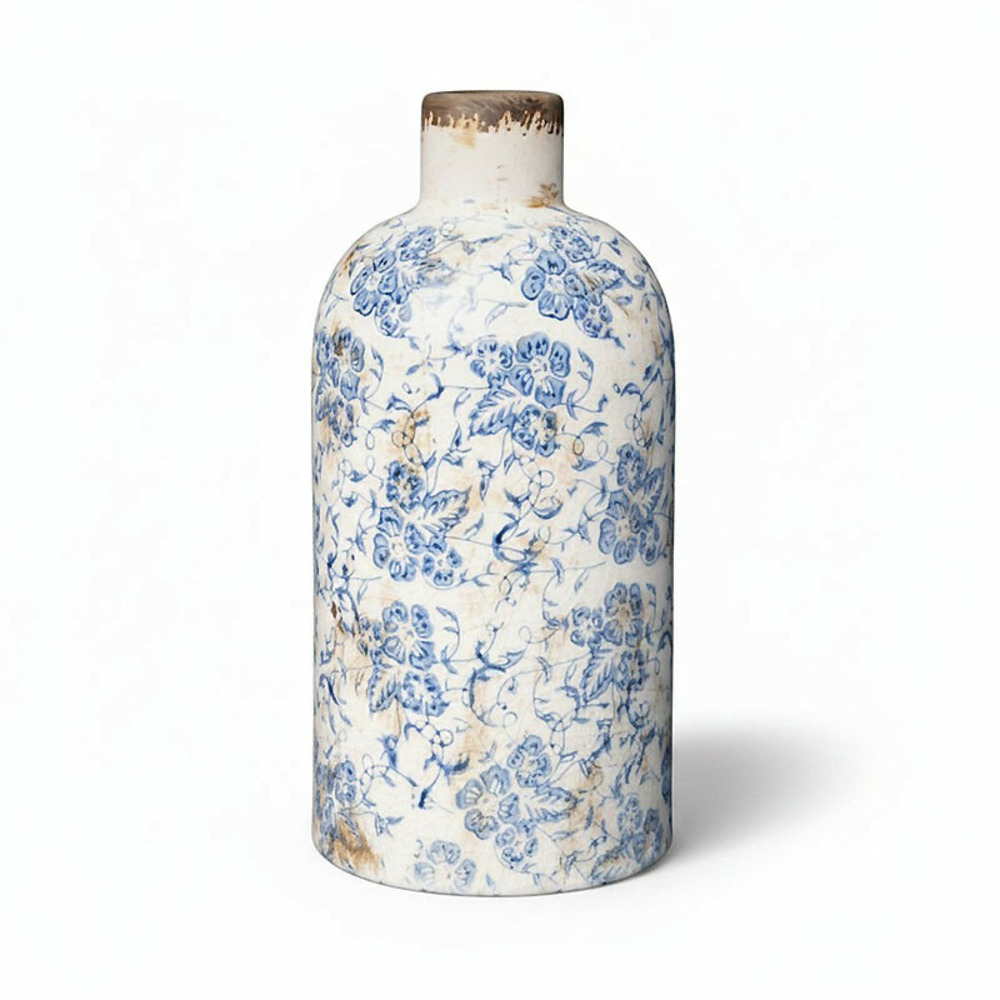 Vase bouteille bucolique fleuri bleu blanc grès 22x11cm