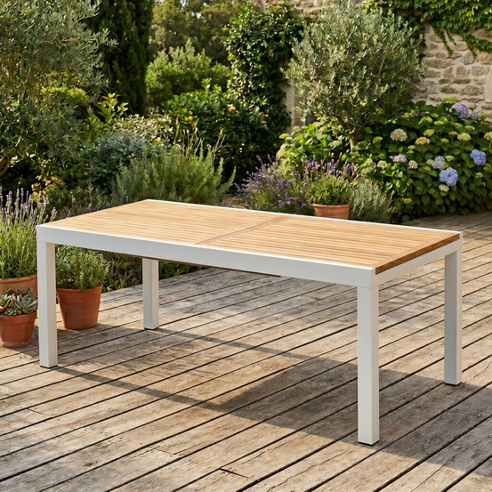 Table baliteck 8/12 personnes structure aluminium blanche, plateau en lame de teck