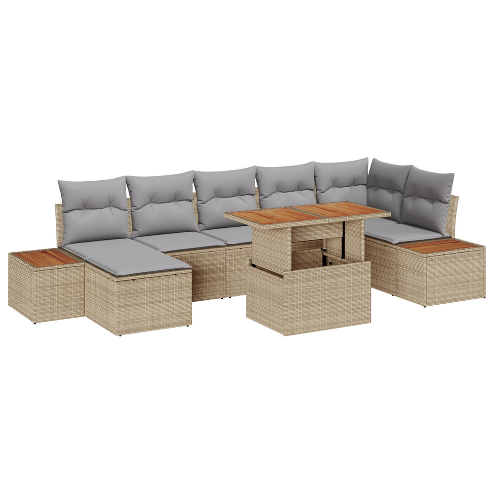 Ensemble de salle à manger de jardin 8 pièces avec coussins beige en poly rattan et acacia